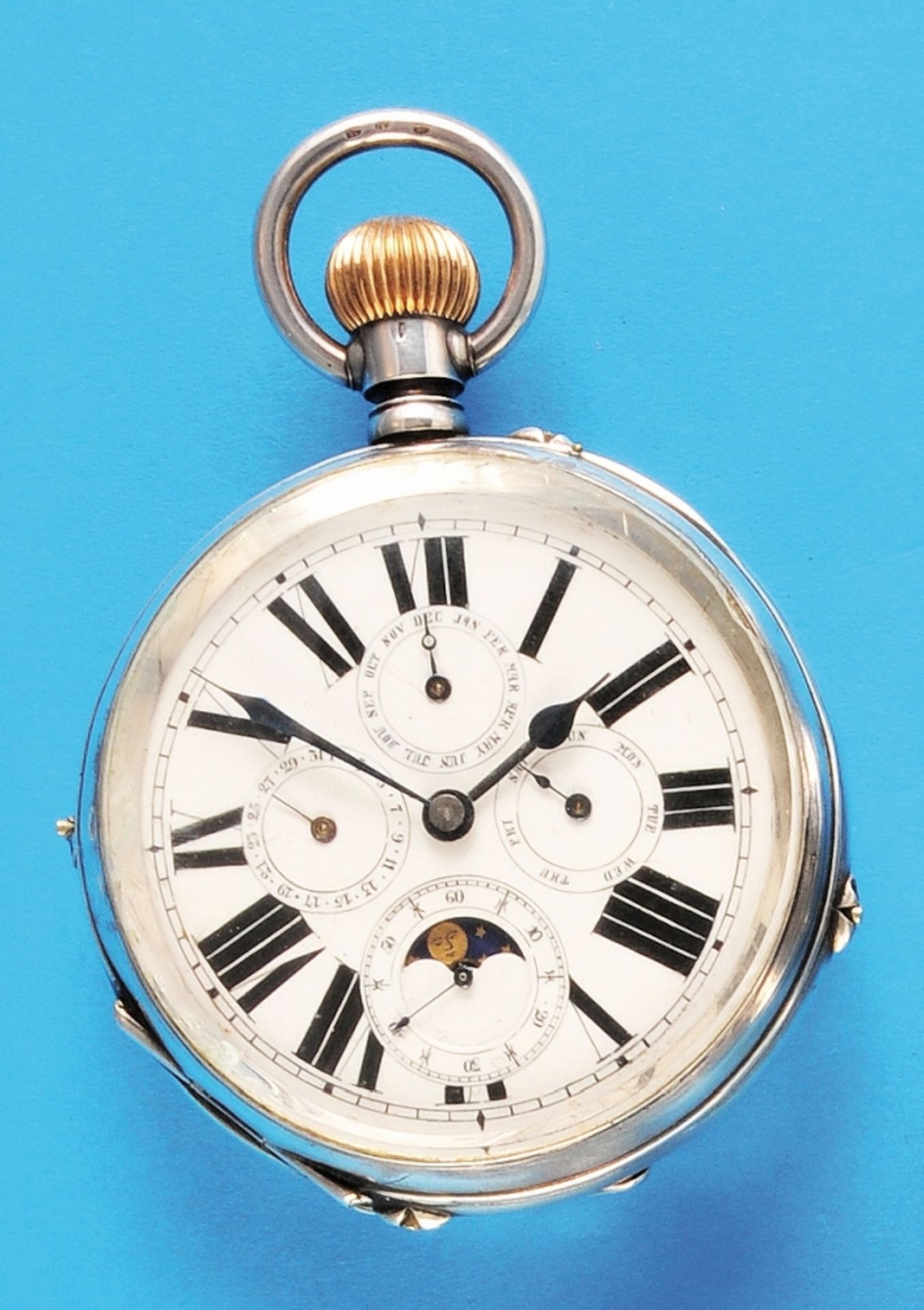 Large silver pocket watch with moon phase calendar, smooth case with monogram L.S., on cuvette dedic - Bild 2 aus 2
