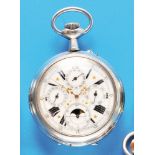 Large nickel silver pocket watch with moon phase calendar, smooth case, enamel dial (restored at "2"