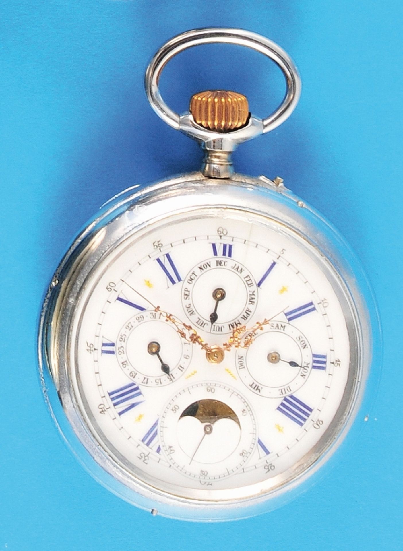 Large metal pocket watch with moon phase calendar, smooth case, enamel dial (1hair crack) with gold