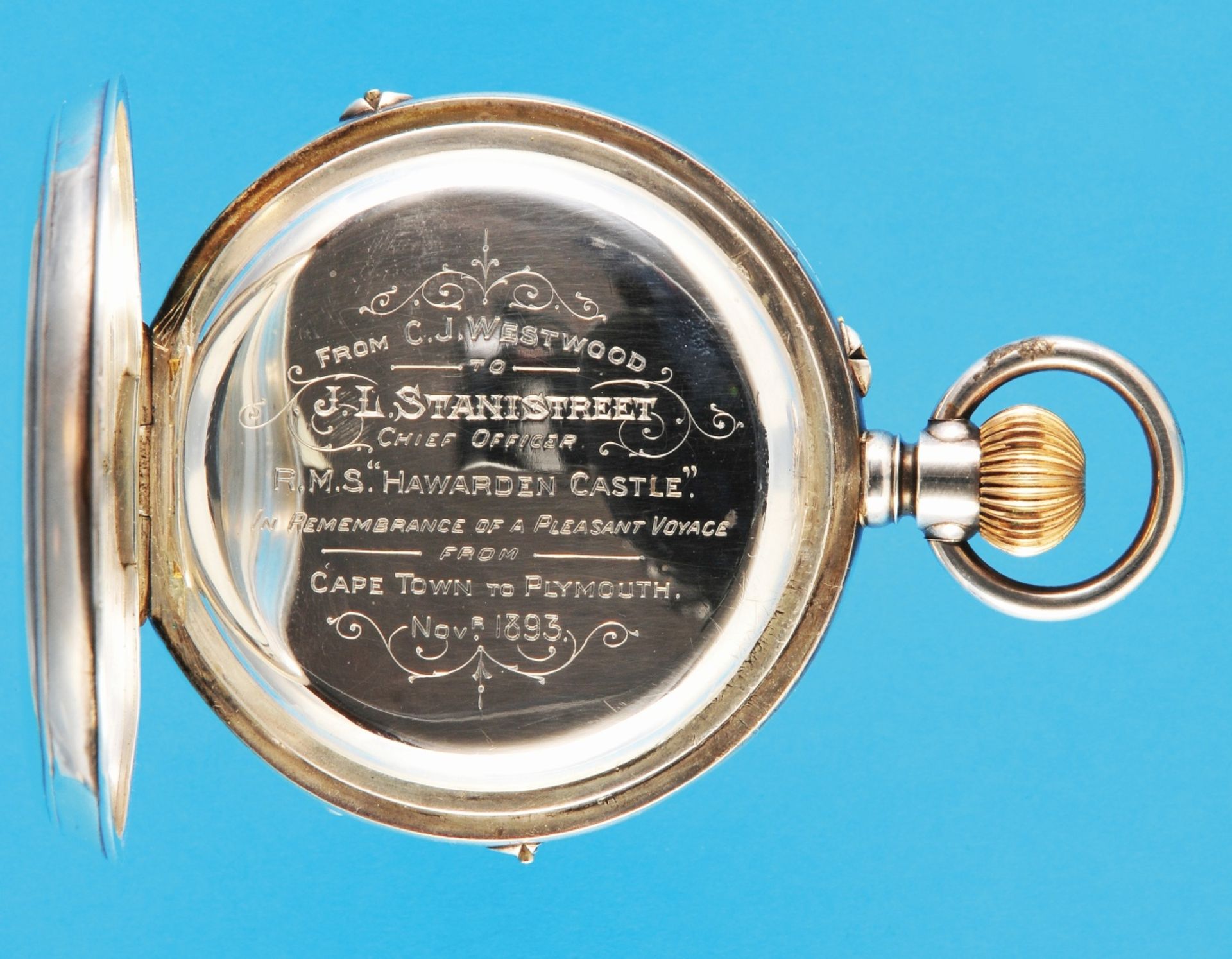 Large silver pocket watch with moon phase calendar, smooth case with monogram L.S., on cuvette dedic