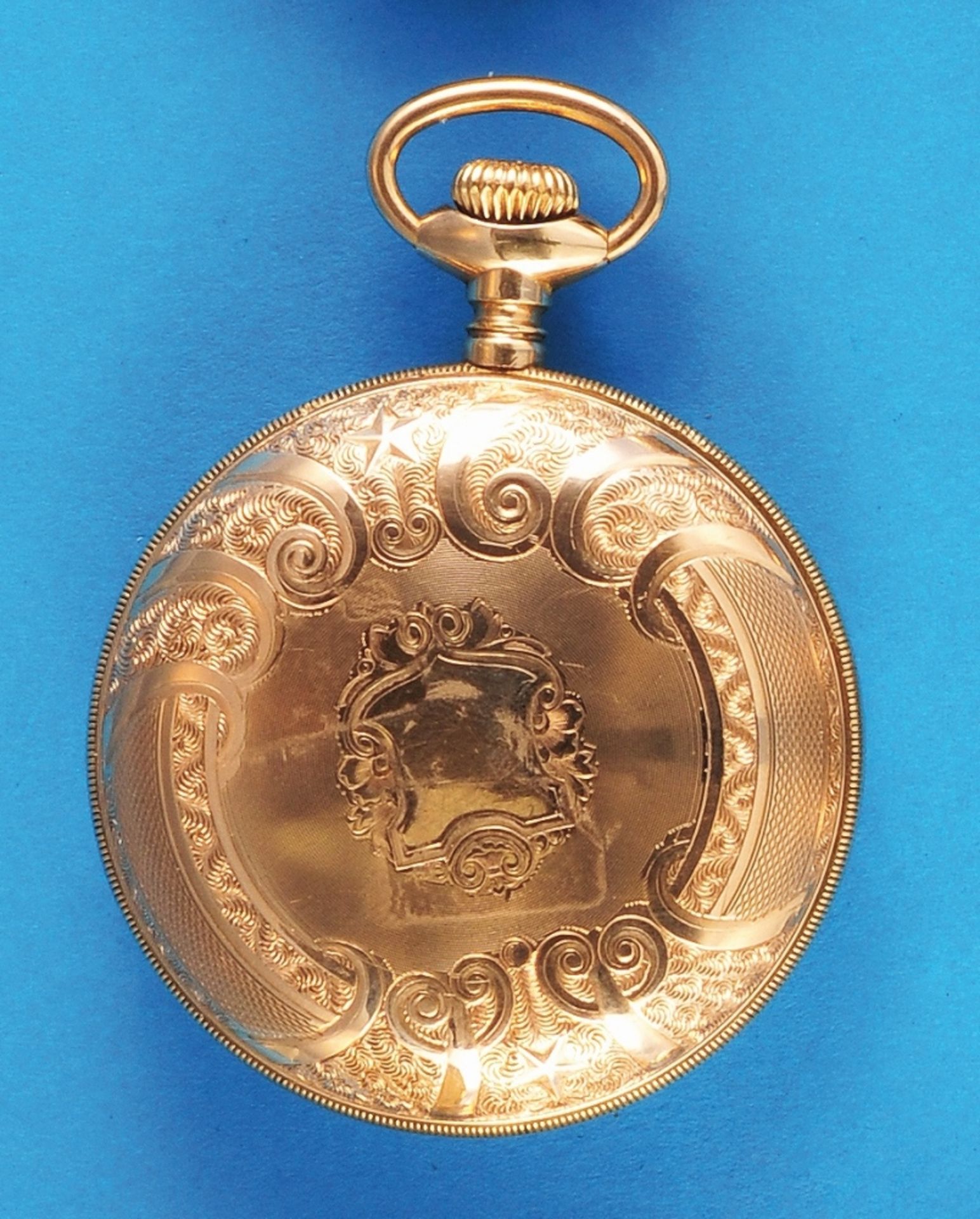 Hampden Watch Co, "Railway Special, Double Roller", large, richly engraved, gilt pocket watch with s