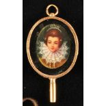 Pocket watch key, 14 ct. gold oval opening setting, oval medallion depicting portrait of lady