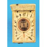 Miniature folding sundial, wood, with cover and plates made of bone, various scales,