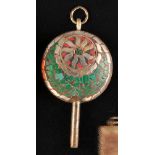 Silver plated grandfather clock winding key with multicolor mosaic,