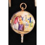 Gold enamel pocket watch key, 14 ct gold back engraved with flower decoration, front engraved with e