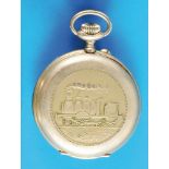 Doxa railwayman pocket watch, metal case with relief depiction of an early locomotive, 