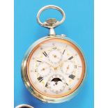 Large metal pocket watch in fine condition with moon phase calendar, smooth case, fine enamel dial w