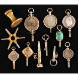 Convolute of 11 pocket watch keys and 1 petal, silver and gold plated,