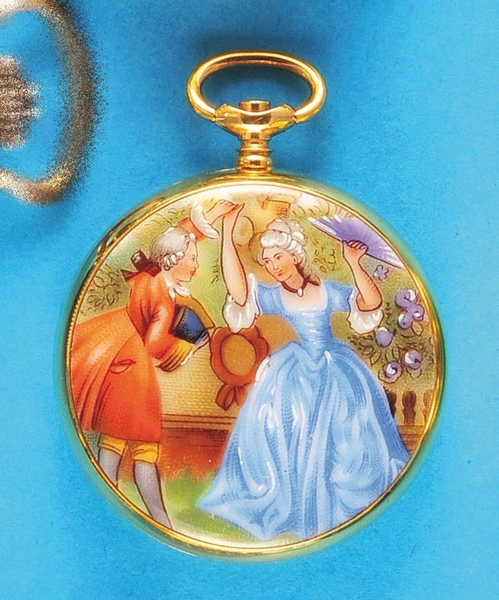 Pocket watch case, Aero Watch S.A. Neuchatel, gold-plated, with dancing couple 