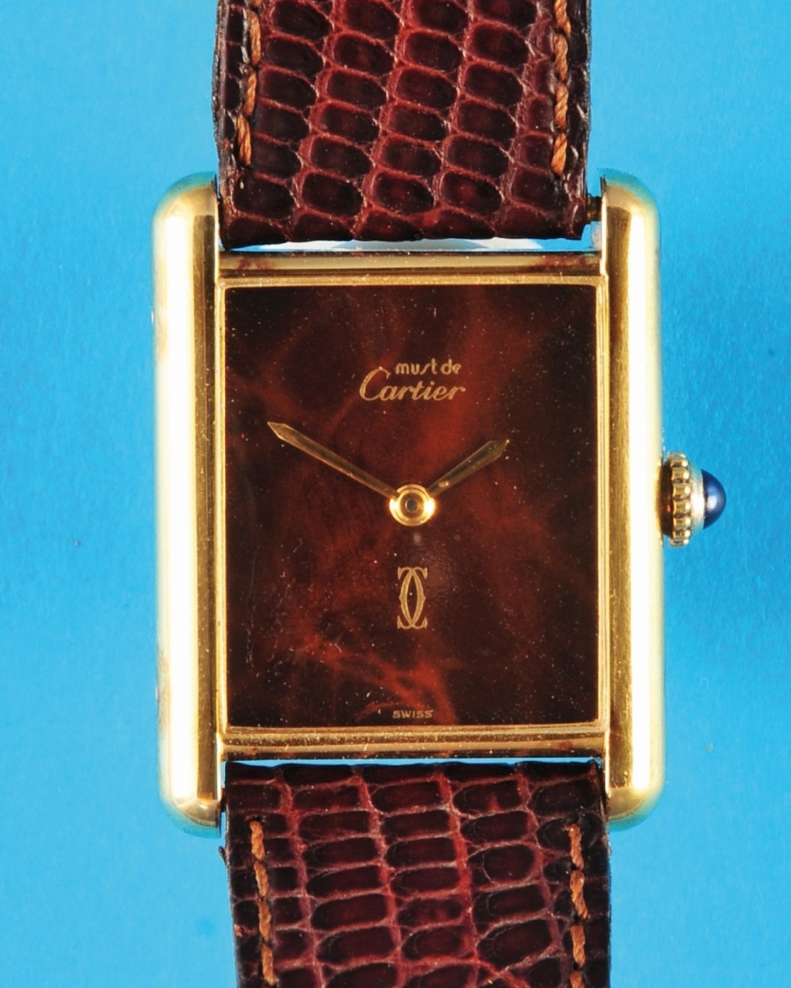 Cartier Tank, ladies' tortoiseshell dial wristwatch, 20 micron gold-plated sterling silver case