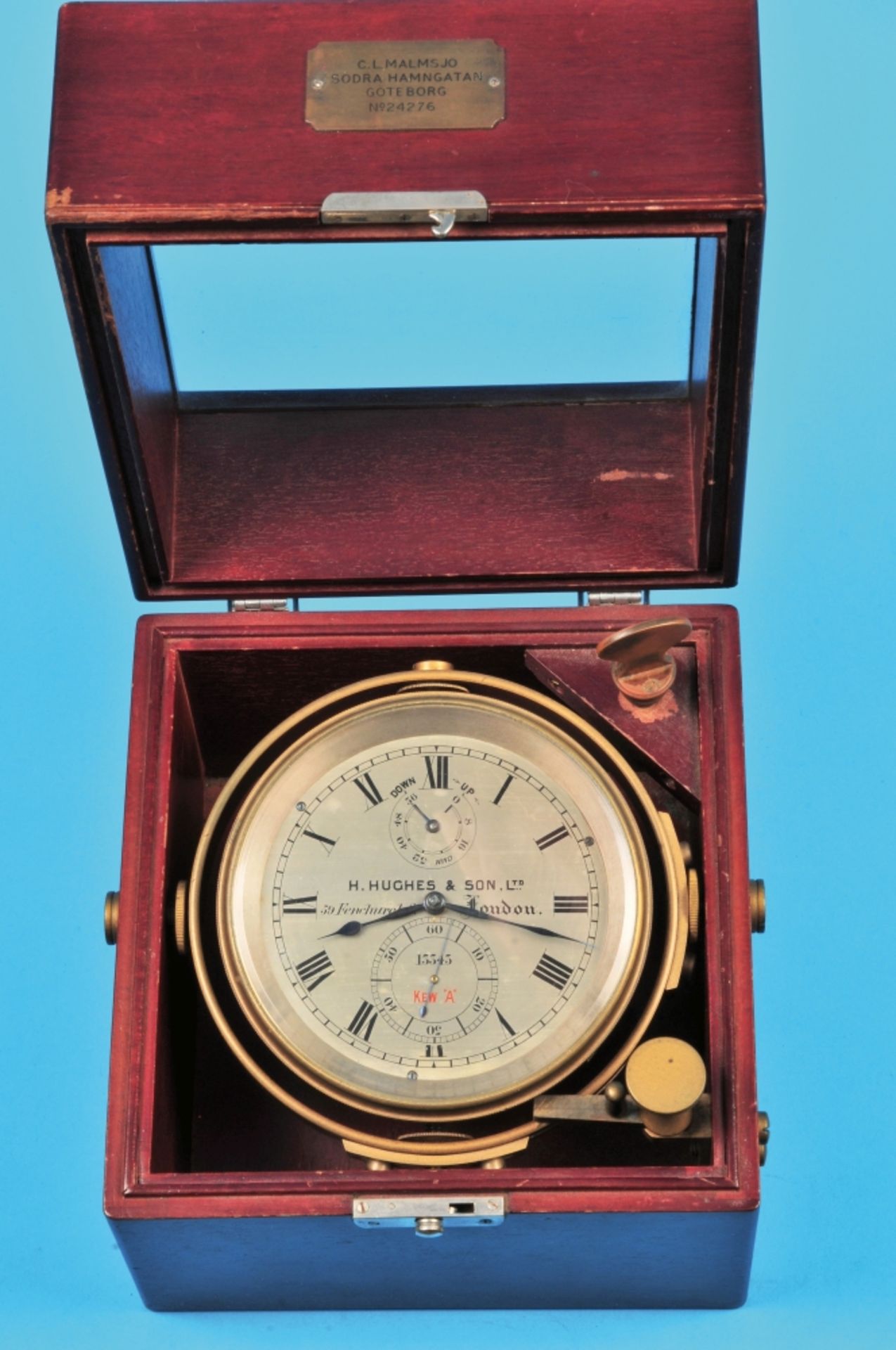 English marine chronometer with "Kew A", signed on the dial H.Hughes & Son, Ltd.
clock drum, 