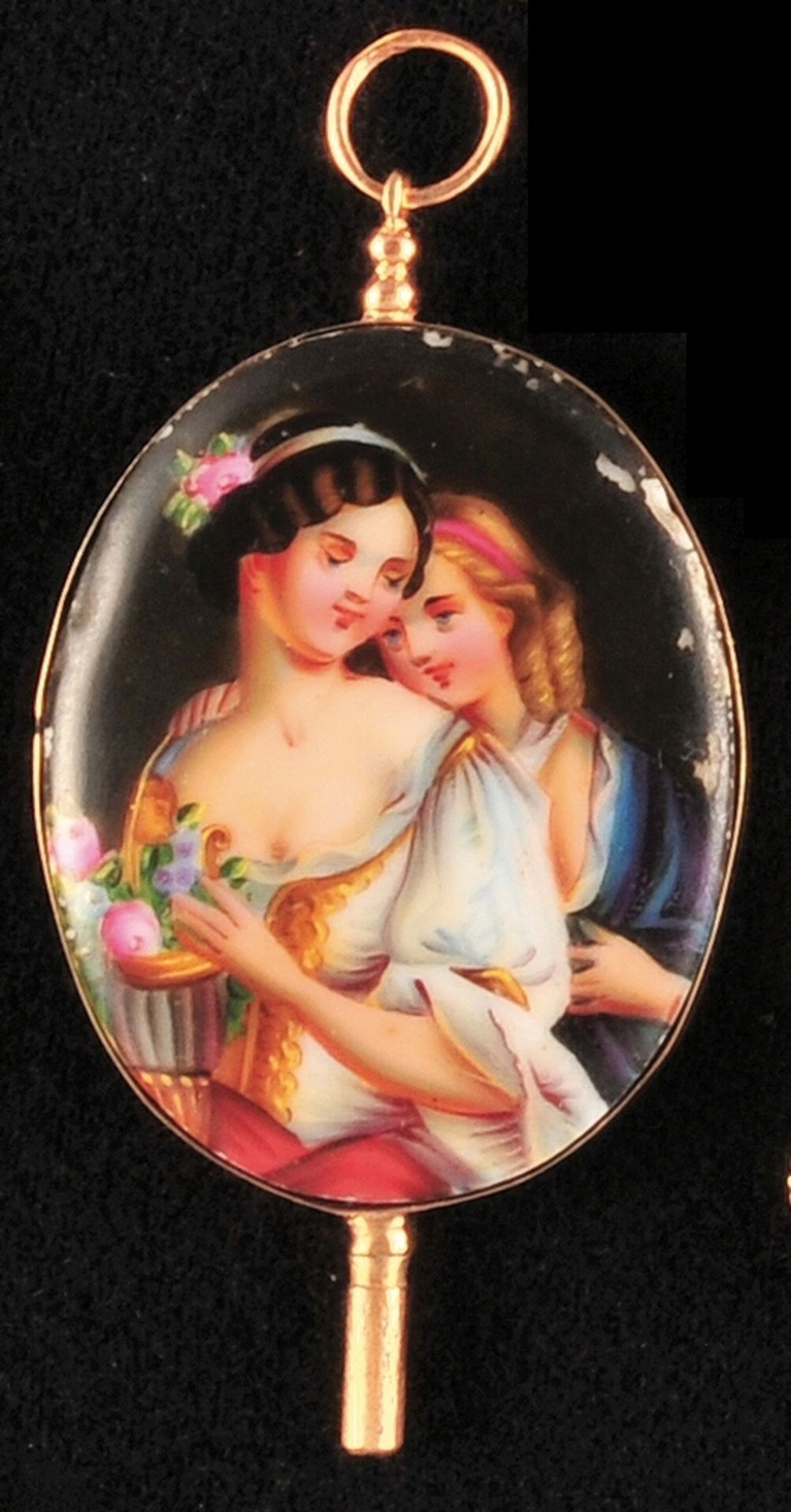 Gold enamel pocket watch key, 14 ct, high oval enamel medallion depicting 2 girls