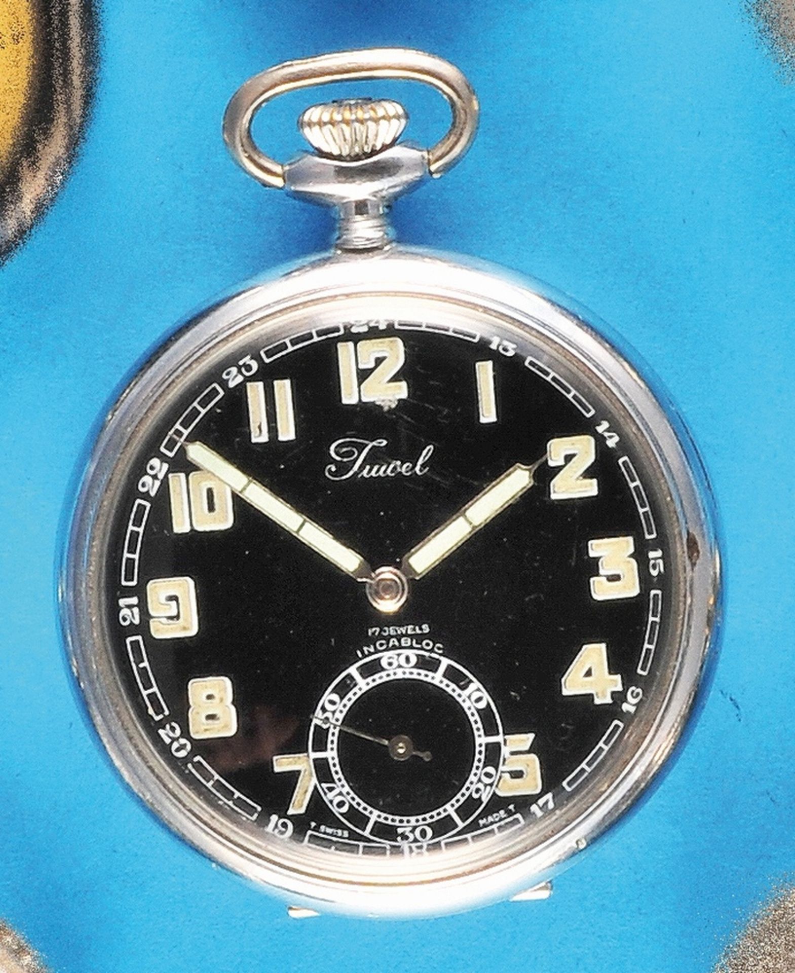 Jewel Incabloc, Nickel Service Pocket Watch with Black Dial 