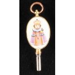 Golden pocket watch key with two painted porcelain medallions,