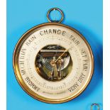 English round brass barometer with suspension bracket, marked "Holosteric Barometer", 