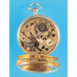 Silver pocket watch with engraved movement and compass, guilloché silver case