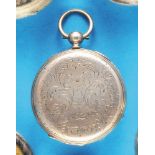 Richly engraved silver pocket watch with cylinder movement and key winding,