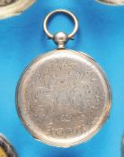 Richly engraved silver pocket watch with cylinder movement and key winding,