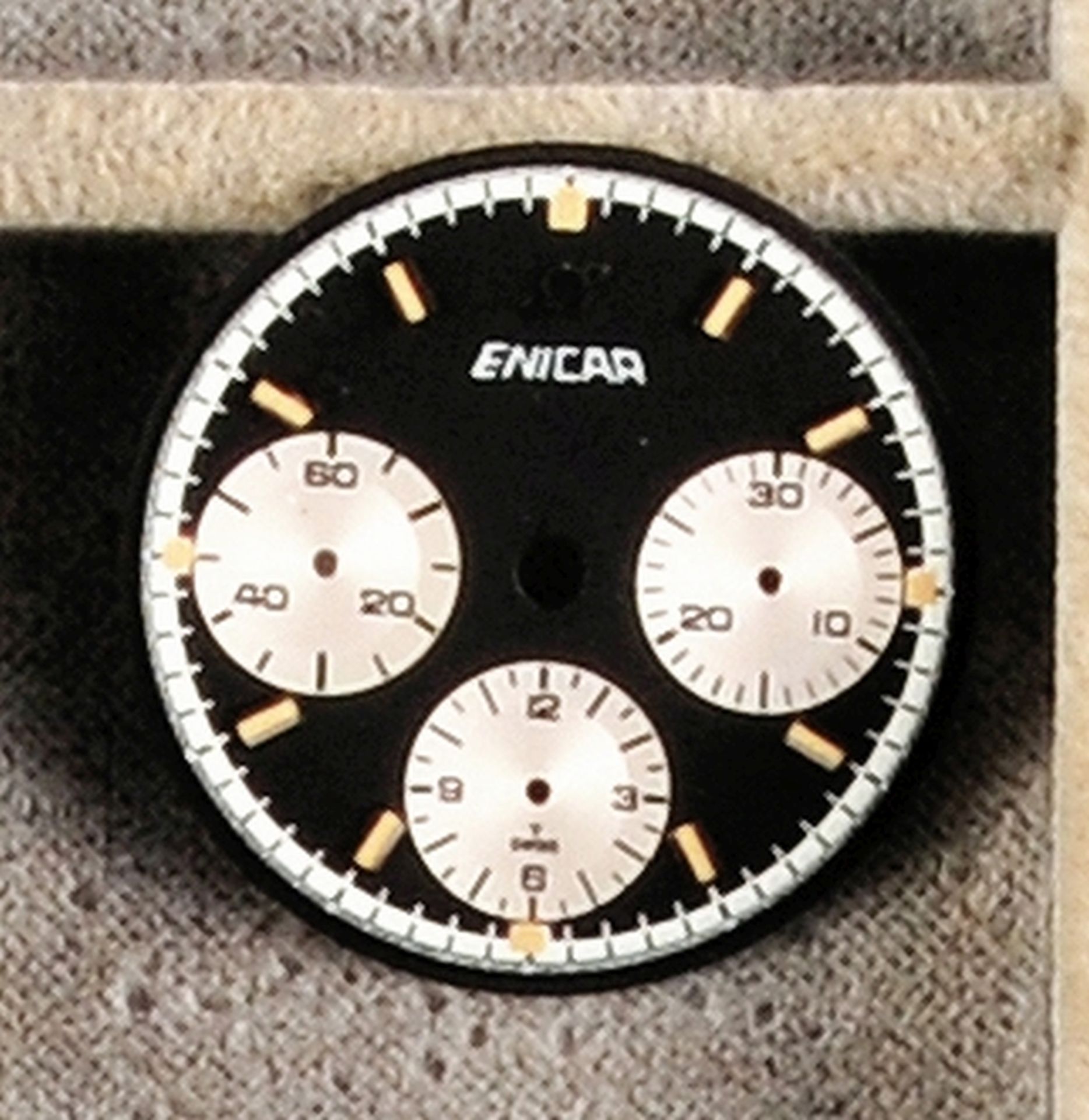 Enicar, black dial for cal. Valjoux 72 with silvered scales for small second