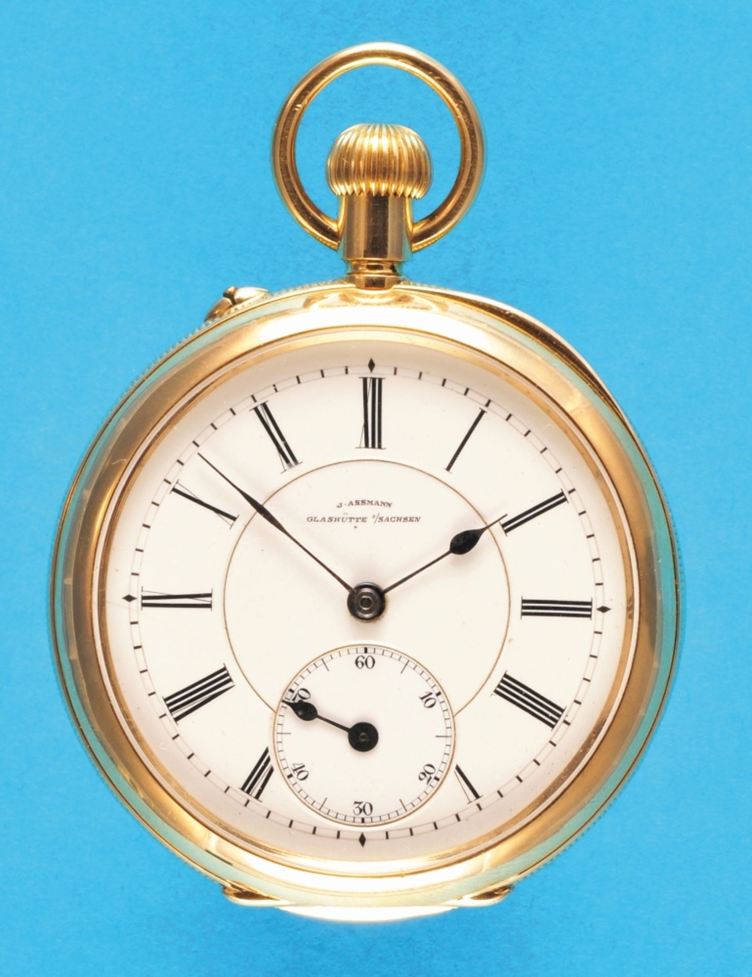 J. Assmann, Glashütte i./S., No. 14747 in 1Aquality, large 18-ct.-2-lid gold pocket watch, 