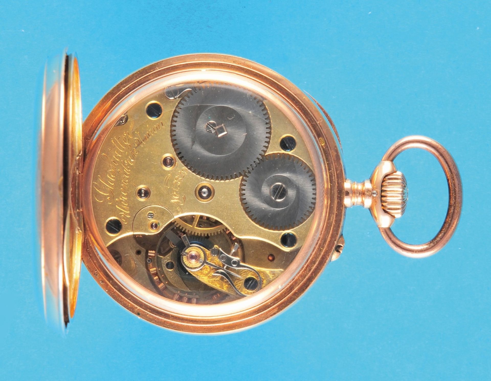 Gold pocket watch, watch factory Union Glashütte near Dresden, guilloché 14 ct. 2-lid rose gold case