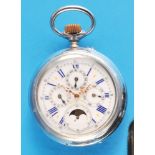 Large metal pocket watch with moon phase calendar, smooth case, enamel dial (1 hairline crack) with 