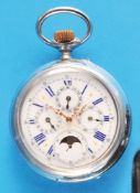 Large metal pocket watch with moon phase calendar, smooth case, enamel dial (1 hairline crack) with