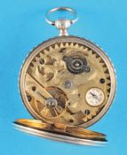 Engraved silver pocket watch with cut-out movement and compass, "Chronometre 22 Rubis".