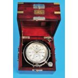 Marine chronometer, Fischer, Hamburg, 3-piece wooden case with side carrying handles and brass corne
