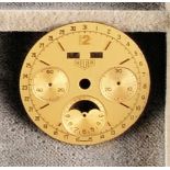 Heuer chronograph dial with counters and calendar, for cal. Valjoux 88, gold-plated dial with Arabic