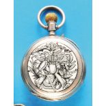 Silver enamel pocket watch, movement bowl with hunting motifs in black enamel painting
