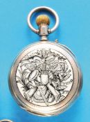 Silver enamel pocket watch, movement bowl with hunting motifs in black enamel painting