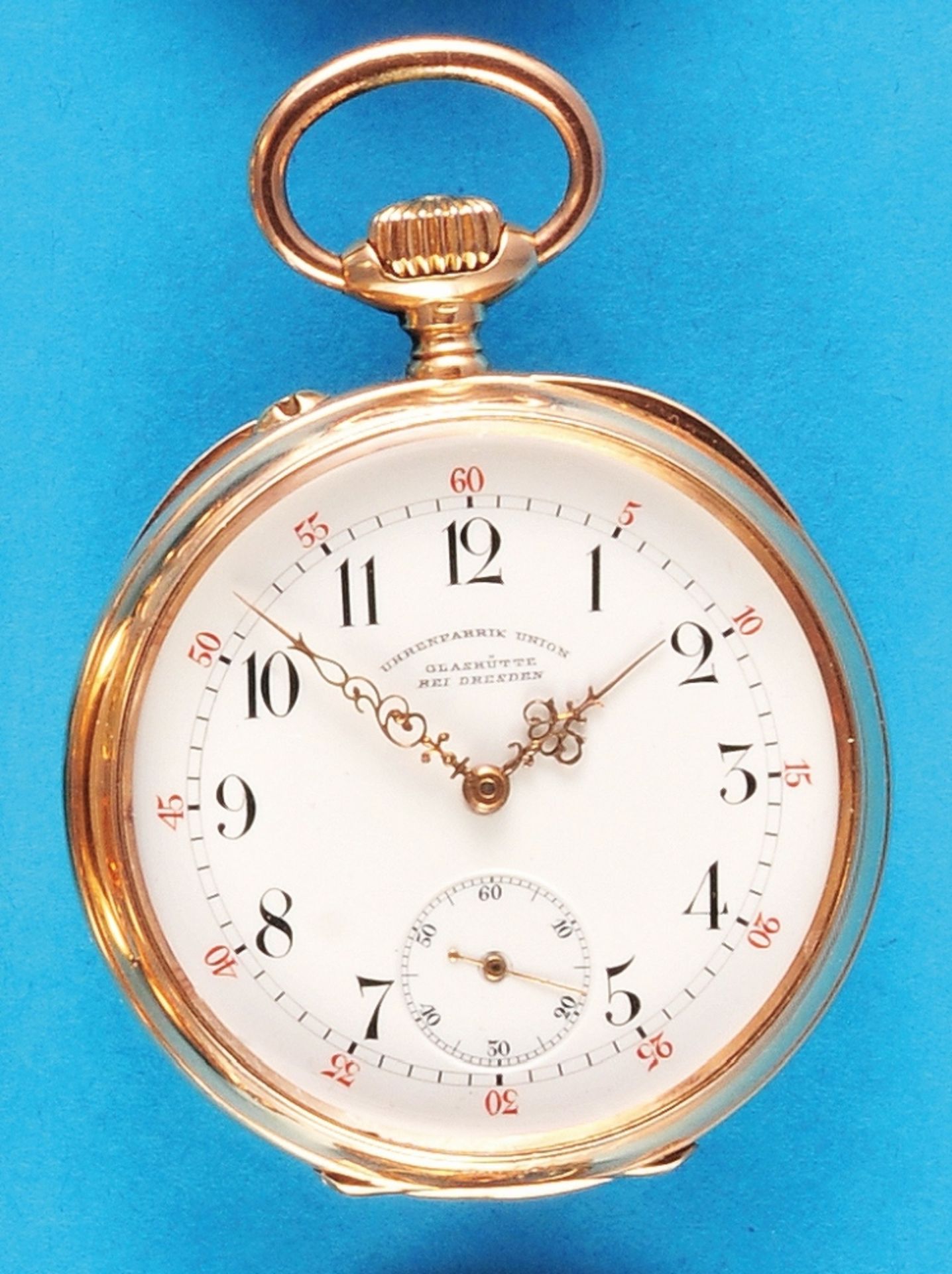Gold pocket watch, watch factory Union Glashütte near Dresden, guilloché 14 ct. 2-lid rose gold case - Bild 2 aus 2