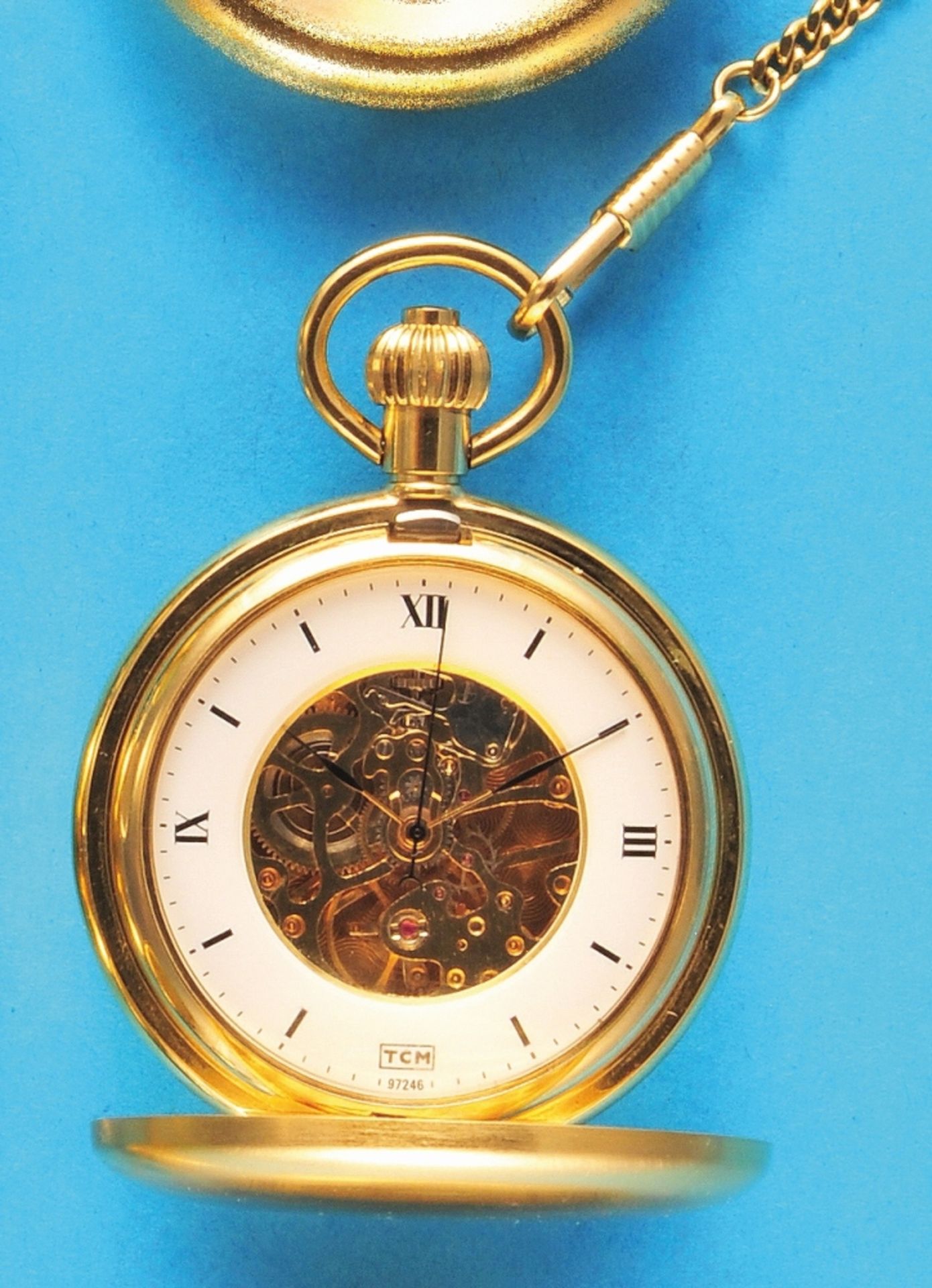 TCM Watch Co, gold-plated pocket watch with centre seconds, jump cover and gold-plated chain,