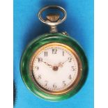 Ladies' silver enamel pocket watch, bezel and movement shell with green translucent enamel 