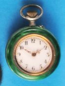 Ladies' silver enamel pocket watch, bezel and movement shell with green translucent enamel
