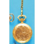 Marcel Watch Co., Oriosa, gold-plated pocket watch with jump cover, painted dial