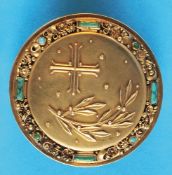 Round, 18 ct. gold-plated sterling silver box with turquoises and relief lid