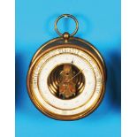 French small round aneroid barometer, round brass case with small feet for standing and carrying bra