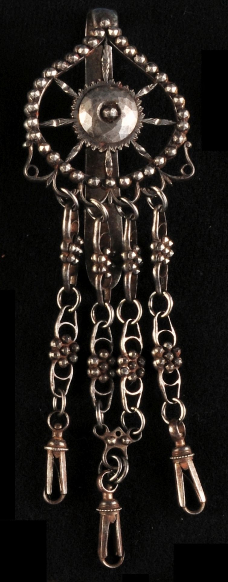 Chatelaine, iron, with 3 chains and carabiners