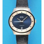 BWC Automatic 25 wristwatch with central second hand and date, transverse oval case with steel screw