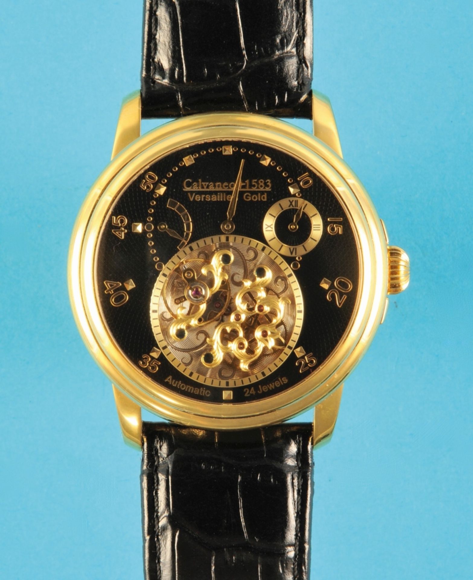 Large gold-plated Calvaneo "Versailles" automatic wristwatch with tourbillon,