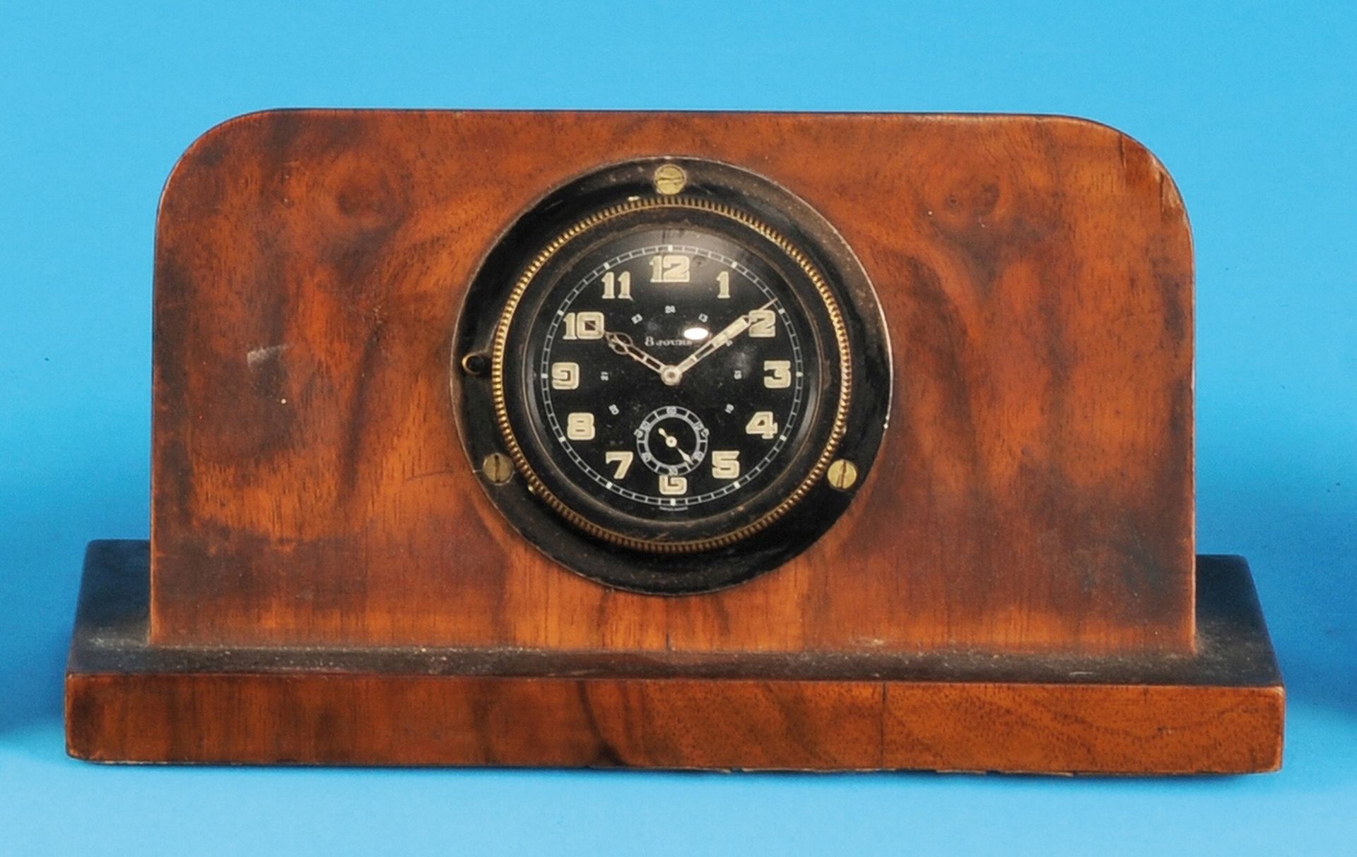 French on-board clock with 8-day movement, built into a wooden case as a desk clock,  