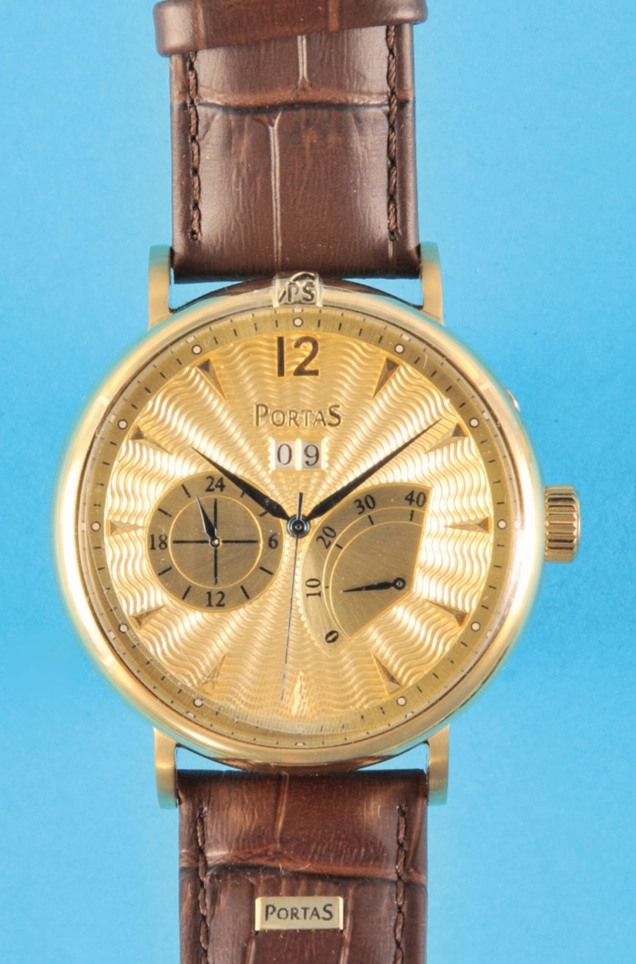 Large gold-plated wristwatch, Portas, automatic with large date, retrograde power reserve display fo
