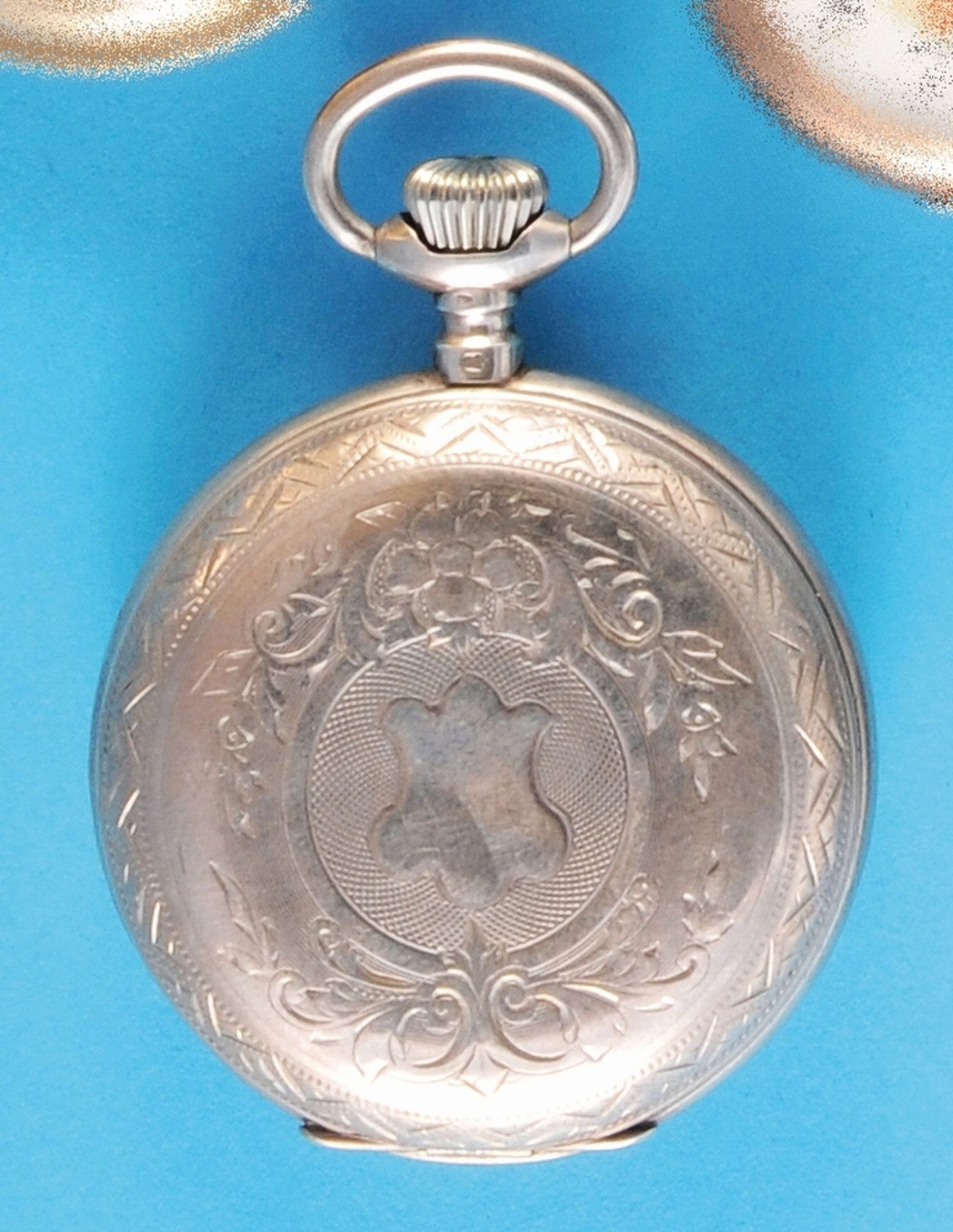 Silver pocket watch with floral engraving on all sides and a spring cover, sign. Diogène (in oval wi