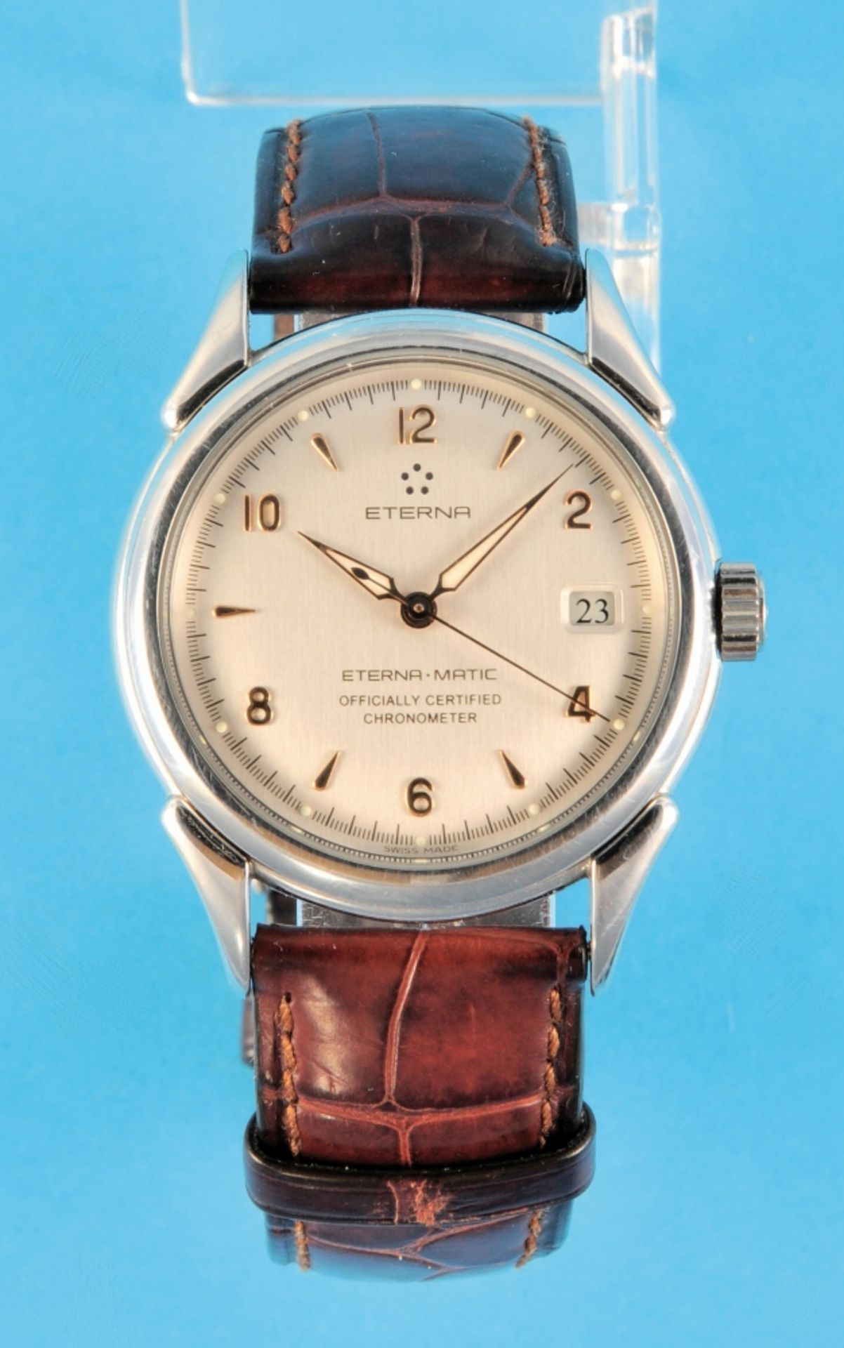 Eterna-Matic 1948 Chronometer wristwatch with wooden case, box and Eterna folding clasp, reference 8