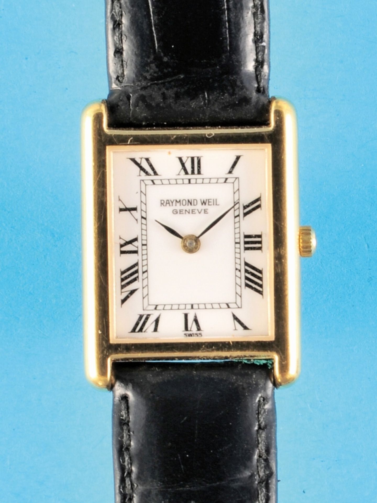 Rectangular 18 ct. gold-plated quartz ladies' wristwatch, Raymond Weil, with original case, 