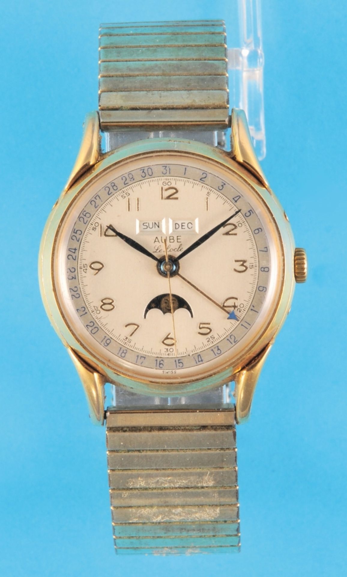 Aube Le Locle, gold-plated wristwatch with moon phase calendar, reference 1201, cal. ETA 1100, circa