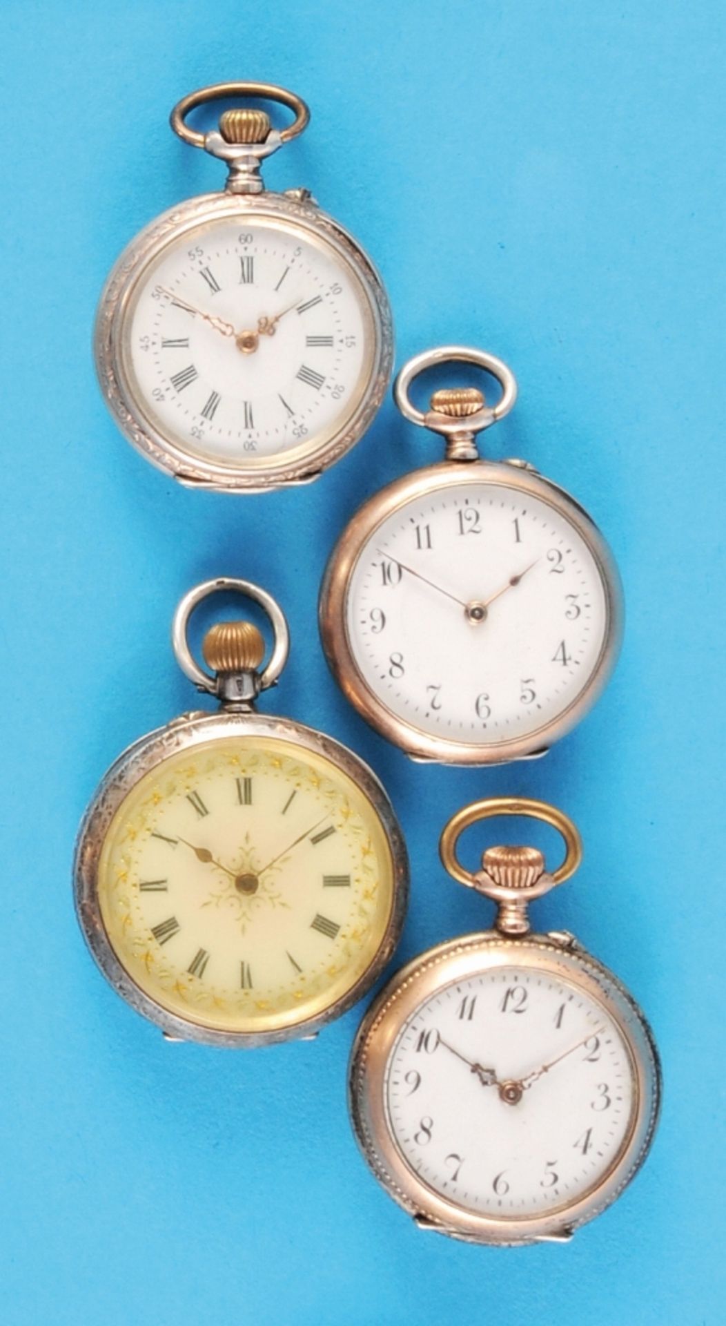 Set of 4 silver ladies' pocket watches, 1 with floral engraved case, 3 with guilloché case,