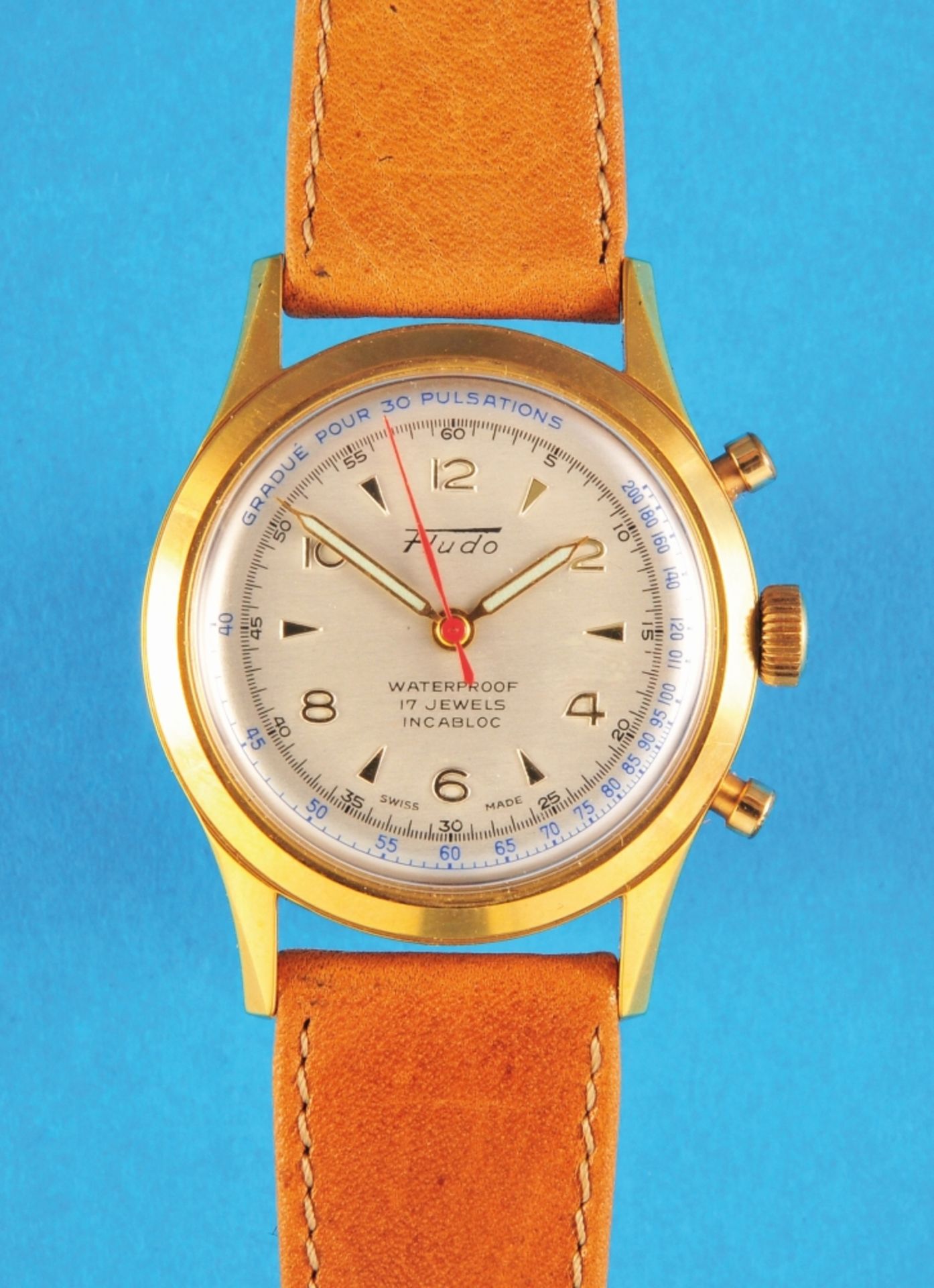 Fludo wristwatch with flyback chronograph, simple manual winding chronograph, ref. 810, approx. ETA 